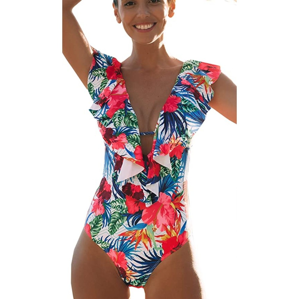 Floral Ruffle V Neck Bathing Suit Padded Monokini - NWT Sporlike Sz M